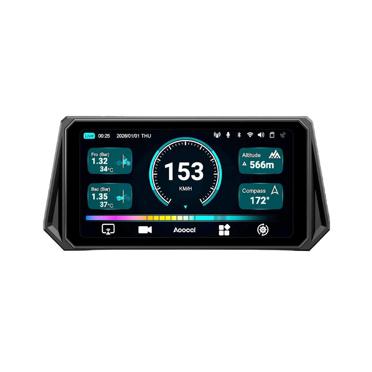Pantalla inteligente para dash cam negra con velocímetro y datos en vivo
