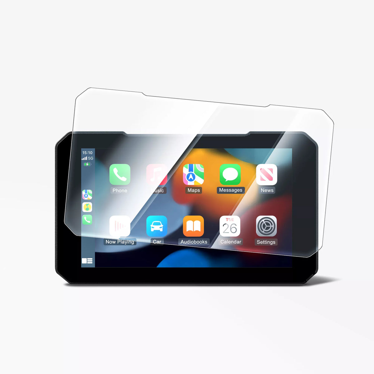 Protector de pantalla transparente sobre CarPlay, con reflejo de luz en la superficie.