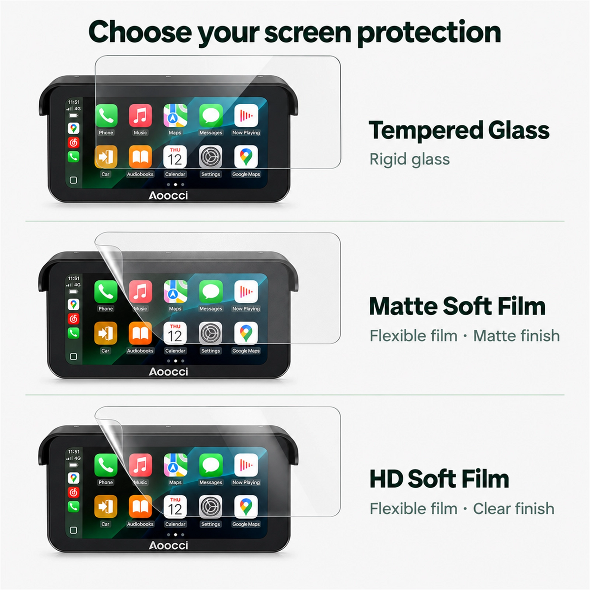 Protector de pantalla CarPlay Aoocci: vidrio templado y films HD, mate y HD.